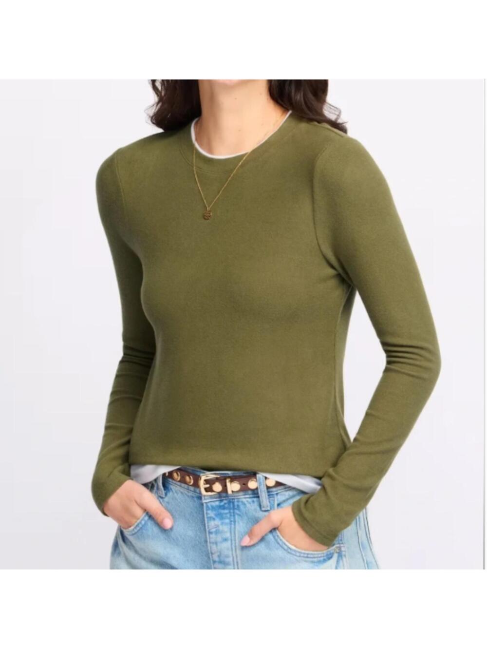 NWT Nine Britton Char prelayered crew neck knit top olive & cream size Large